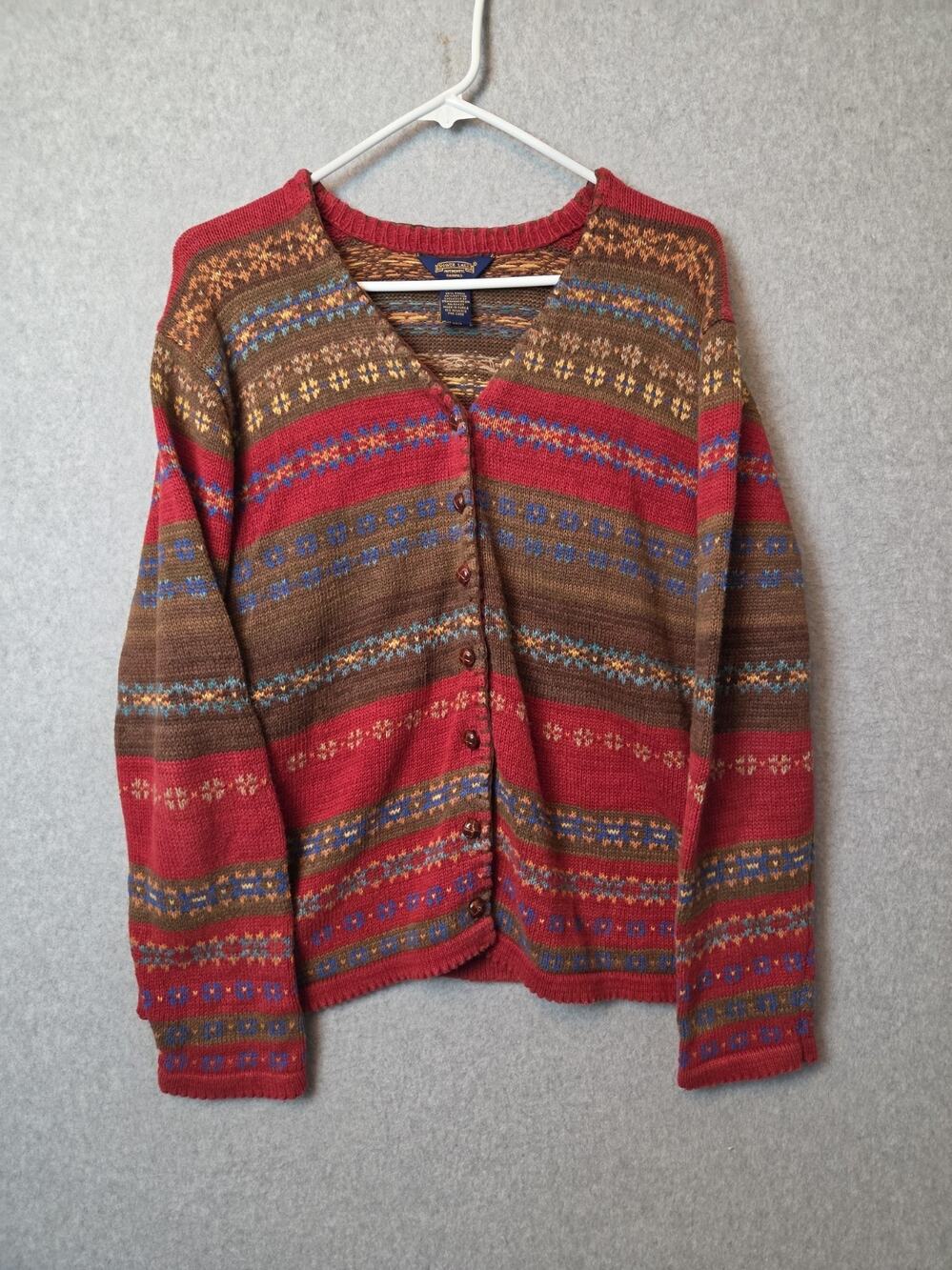Vtg Shaver Lake Earthy Stripe LS V Neck Button Up Knit Grannycore Sweater Large